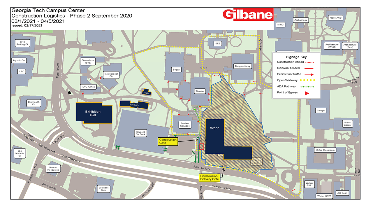 Map of campus center construction impacts March - April 2021.