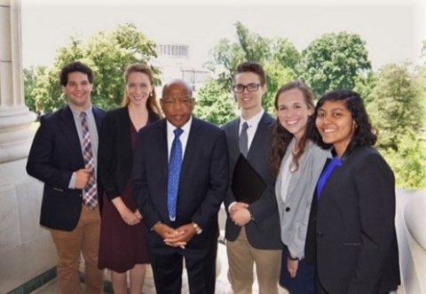 Georgia Tech group visits Congress. Pictured from left to right: Rosenbaum, Cobb, Congressman John Lewis (D-Georgia), Hamilton, Ploussard, and Aggarwal. Photo courtesy of the Congressional Office of Rep. John Lewis.