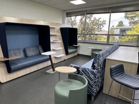 Photo of the interior design of a Skiles Classroom Building breakroom.